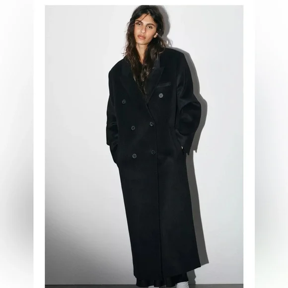 Zara Long wool blend Black Double-Breasted Coat - Picture 5 of 12